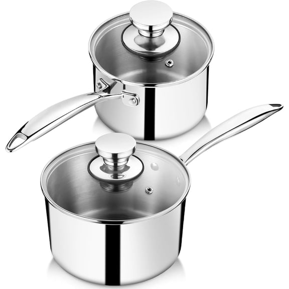 1 & 2 Quarts Tri-Ply Stockpot and Saucepan, Stainless Steel Sauce Pan with Lid, Cooking Induction Pot, Kitchen Cookware for All Stoves, Non-Toxic, Sturdy & Dishwasher Safe, 2 Pieces
