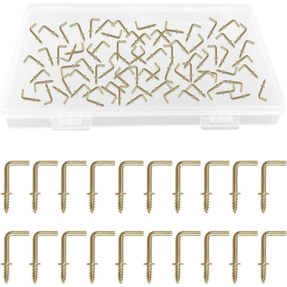 1/2" Screw in Hooks, 100Pcs Copper Plated L Shaped Hooks Shouldered Dresser Cup Hooks Right Angle Hooks Self Tapping screw Hooks for Indoor and Outdoor Hanging (Gold)