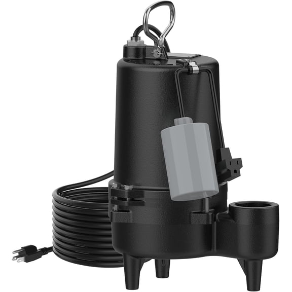 1/2 Sewage/Effluent Pump, 6900 GPH Submersible Basement Sewer Pump with 10ft Auto Float , Cast Iron, 2'' NPT for Sewage Basin, 115V