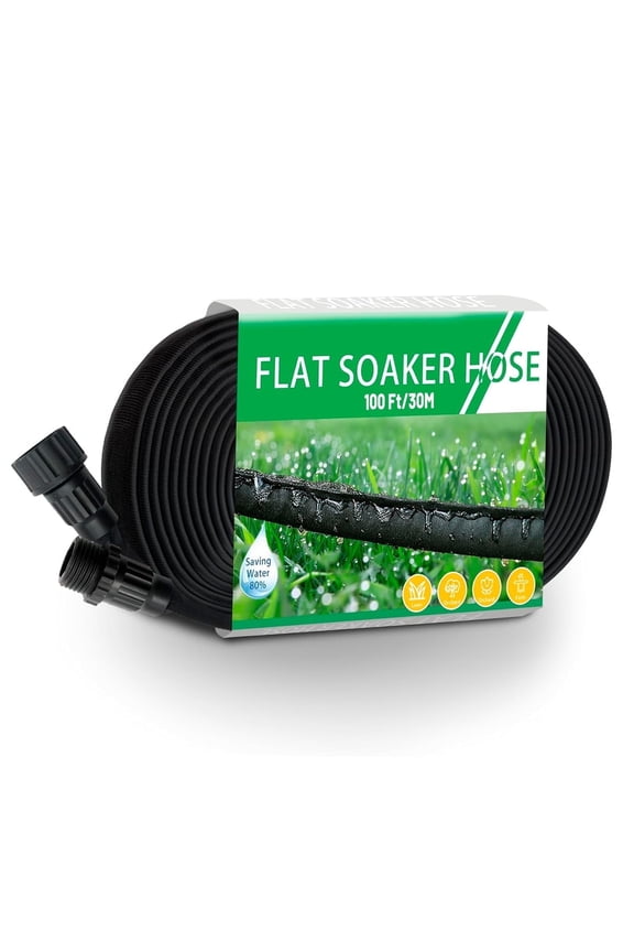 Flat Soaker Hose 100ft, 80% Water-Saving Drip Irrigation Hose for Garden, Leakproof and Flexible with Anodized Aluminum Ends, Double Layer Soaking Hoses for Garden, Vegetables