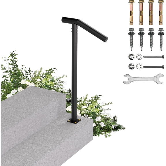 1-2 Step Single Post Handrail-Outdoor Stair Rail- Single Post Wrought Iron Handrail with DIY Tool Kit, 38" H Black Hand Rail Powder Coating for Concrete Steps or Wood Stairs