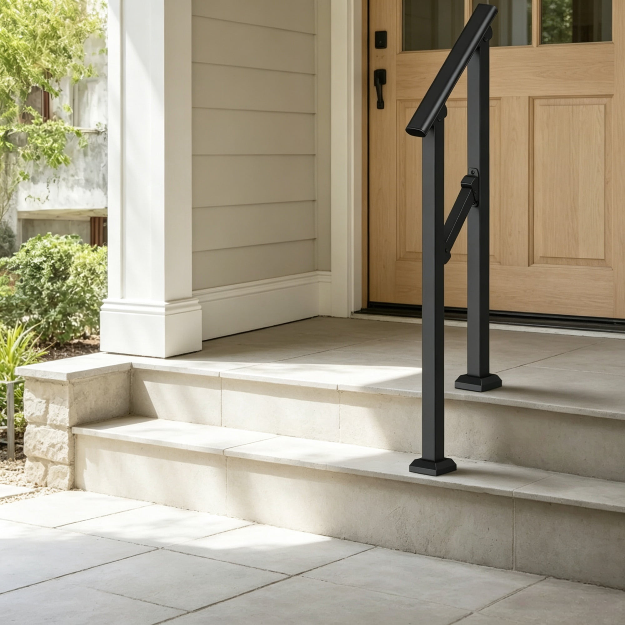 1-2 Step Stair Handrail Kit for Outdoor Steps, Black Square Tube Design, Stair Rails for Seniors, Concrete Steps, Porch & Deck