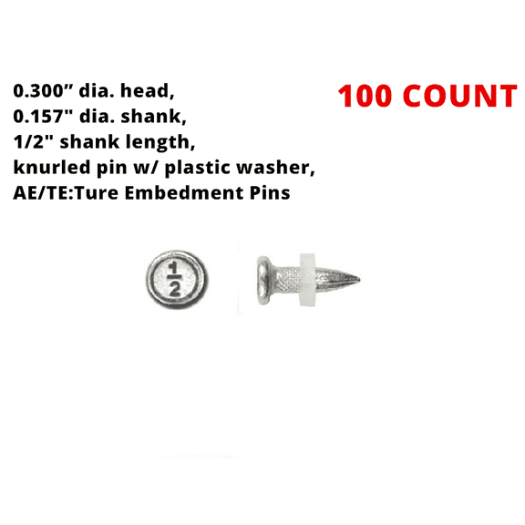 1/2″ TE/AE True Embedment Drive Pins with Plastic Washer, PAT Steel Concrete TE Pins, Powder Actuated Fastener Actual Embedment Drive Pins, 0.315" Diameter Head, 0.157" Diameter Shank, 100/PKG