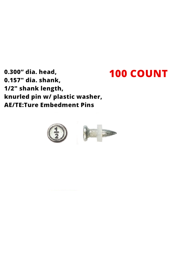 1/2″ TE/AE True Embedment Drive Pins with Plastic Washer, PAT Steel Concrete TE Pins, Powder Actuated Fastener Actual Embedment Drive Pins, 0.315" Diameter Head, 0.157" Diameter Shank, 100/PKG