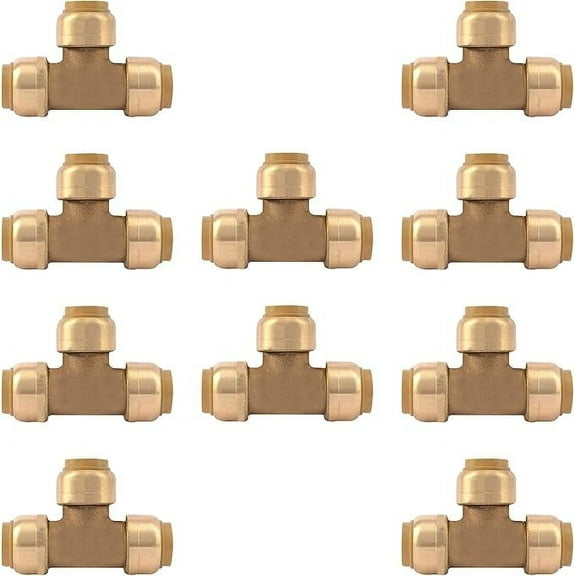 1/2" Tee - Push Fit Plumbing Tee - Push to Connect Brass Plumbing Fittings - Fitting to Connect PEX, Copper, CPVC (Pack of 10)