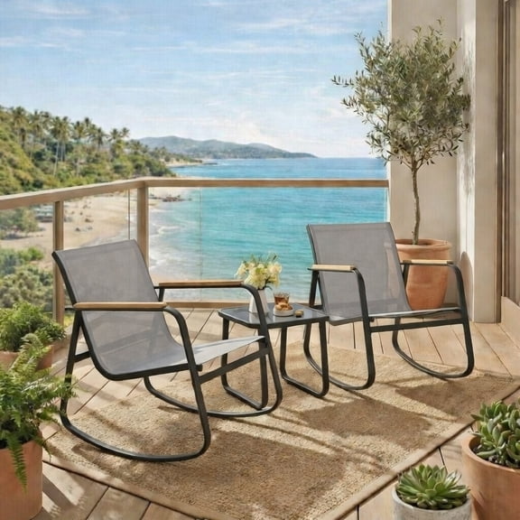 Aiho 3-Piece Textilene Patio Set w/ Rocking Chairs, Wood Armrests & Glass Table - Grey