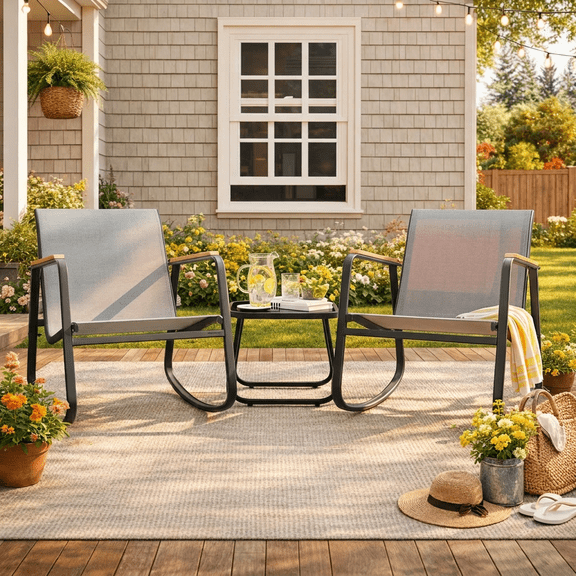 Aiho 3-Piece Outdoor Rocking Patio Set with Coffee Table, for Porch, Garden, Backyard - Grey