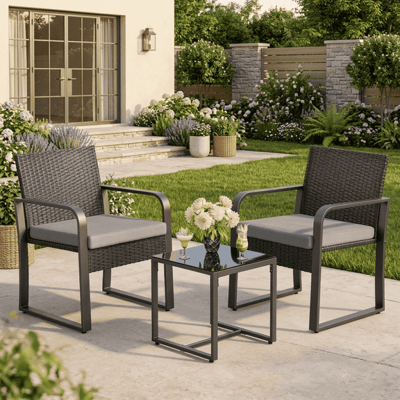Aiho 3 Piece Outdoor Rattan Patio Furniture Set, Bistro Conversation Bistro Set with Coffee Table, Weather-Resistant Wicker for Lawn, Balcony, Poolside, Grey