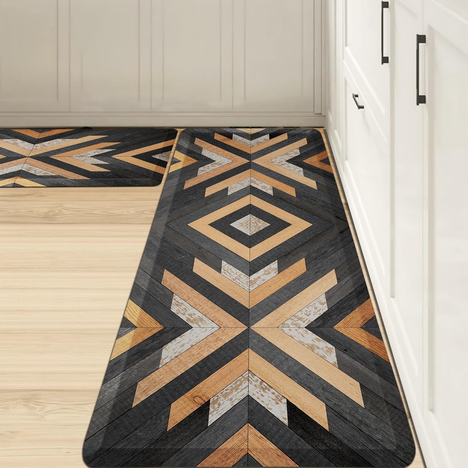 1/2 Thick Black Boho Aztec Kitchen Mats Rugs Sets of 2 Cushioned Anti ...