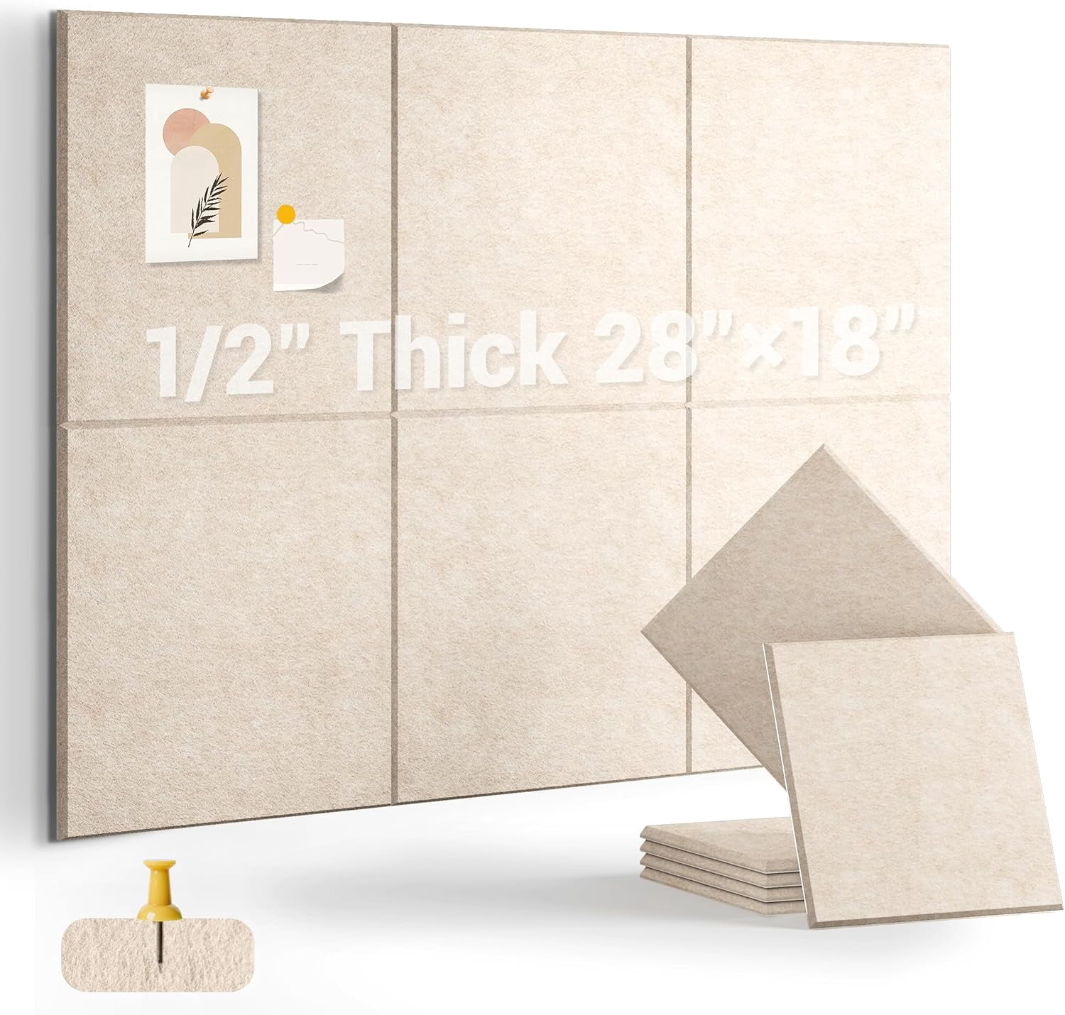 1/2" Thick Cork Board for Office, 6 Pack Felt Wall Tiles -28"x18" with Safe Adhesive Tabs, Large Bulletin Board, Push Pin Organizer - Beige