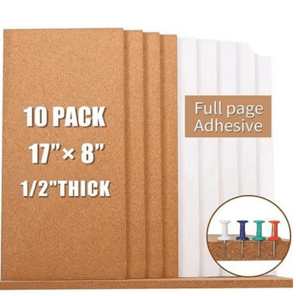 1/2" Thick Cork Board Tiles Frameless Cork Tiles, Self-Adhesive Corkboards Wall D r with Two Box Bonus Pushpins for Office, School and Home (10pack)
