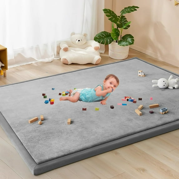 1.2" Thick Memory Foam 79x47 Play Mat for Playpen, Super Soft Velvet Portable Baby Playpen Mat for Kids Toddler Crawling and Play, Non-Slip Bottom Playmat, Grey