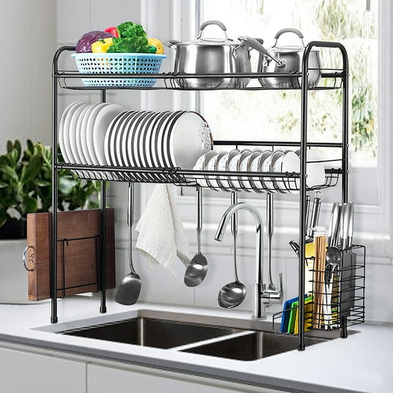 1/2-Tier Over the Sink Dish Drying Rack, Dishes Drainer Shelf with Utensils Holder Washing Drainer Organizer Shelf for Kitchen Dishes Bowls Cup Organizing