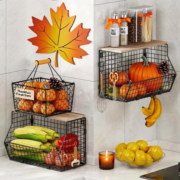 1/2-Tier Stackable Metal Wire Fruit Basket with Lid, Wall-Mounted/Countertop Organizer, Space-Saving for Potato, Onion & Kitchen Pantry Storage