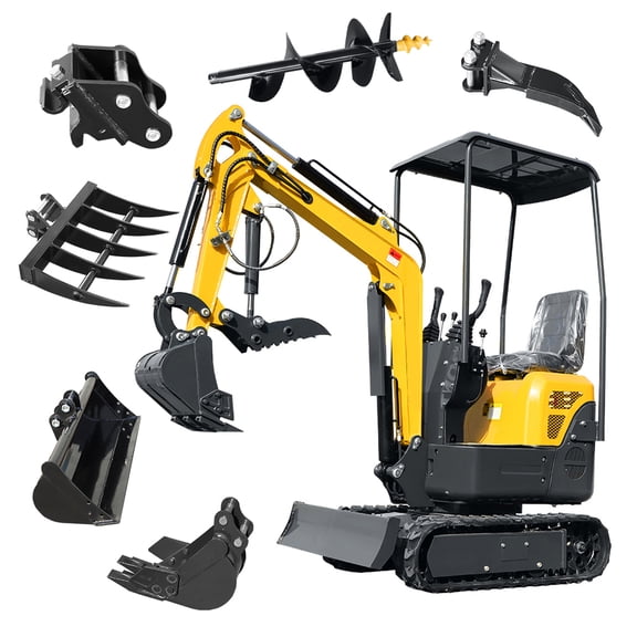 1.2 Ton Mini Crawler Excavator Digger With 6 Attachments: Quick Coupler, Auger, Ripper, Rake, Wide Bucket, Grapple For Farm Landscaping Construction