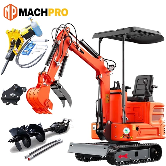 MachPro 1.2 Ton Mini Excavator 13.5HP Briggs & Stratton EPA Engine, Pilot Control System, 36" Width for Tight Gates Includes Picture 1 Attachment set