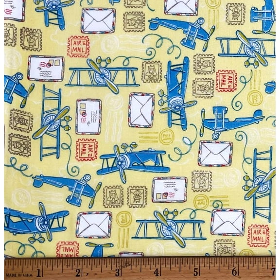 1/2 Yard - Air Mail Bi-Plane Airplanes on Yellow Cotton Fabric (Great for Quilting, Sewing, Craft Projects, Throw Pillows & More) 1/2 Yard X 44" Wide