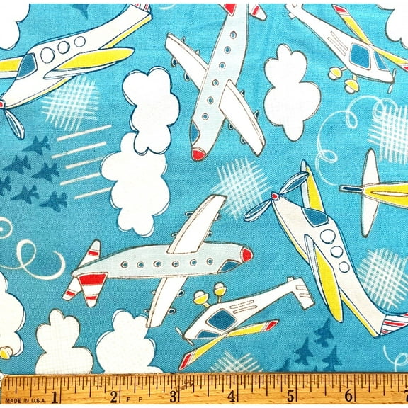1/2 Yard - Airplanes Planes & Helicopters on Blue Cotton Fabric (Great for Quilting, Sewing, Craft Projects, Throw Pillows & More) 1/2 Yard X 44" Wide