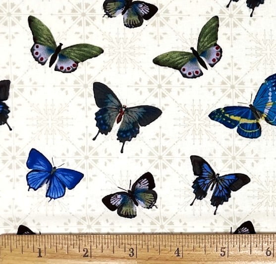 1/2 Yard - Blue Butterflies Butterfly on Cream Cotton Fabric (Great for Quilting, Sewing, Craft Projects, Throw Pillows & More) 1/2 Yard X 44" Wide
