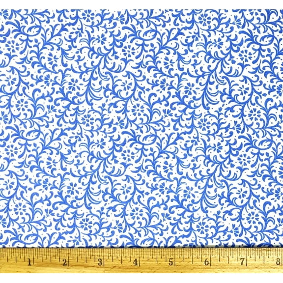 1/2 Yard - Blue Scroll & Flowers on White Cotton Fabric (Great for Quilting, Sewing, Craft Projects, Throw Pillows & More) 1/2 Yard X 44" Wide