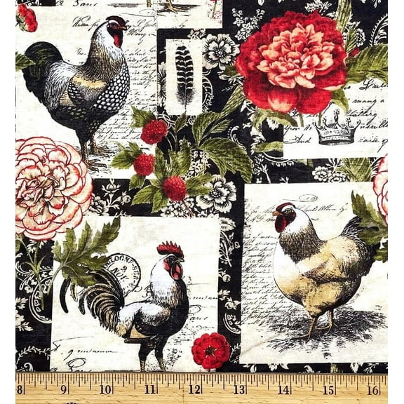 1/2 Yard - Chickens Roosters & Floral Block Cotton Fabric (Great for Quilting, Sewing, Craft Projects, Throw Pillows & More) 1/2 Yard X 44" Wide