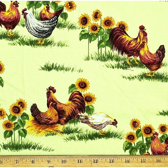 1/2 Yard - Chickens & Roosters on Light Green Cotton Fabric (Great for Quilting, Sewing, Craft Projects, Throw Pillows & More) 1/2 Yard X 44" Wide