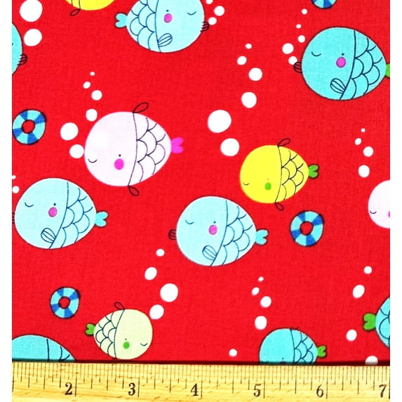1/2 Yard - Colorful Happy Fish on Red Cotton Fabric (Great for Quilting ...