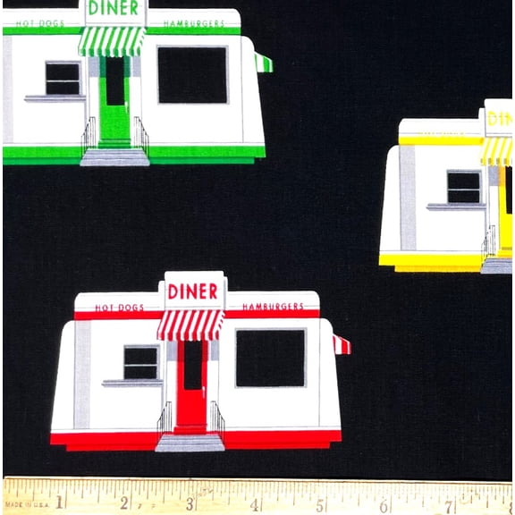 1/2 Yard - Colorful Retro Diner Restaurant on Black Cotton Fabric (Great for Quilting, Sewing, Craft Projects, Throw Pillows & More) 1/2 Yard X 44" Wide