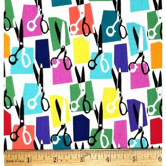 1/2 Yard - Colorful Scissors Sewing on White Cotton Fabric (Great for Quilting, Sewing, Craft Projects, Throw Pillows & More) 1/2 Yard X 44" Wide