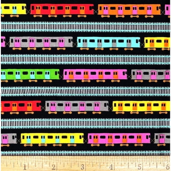1/2 Yard - Colorful Subway Cars New York Greta Lynn on Black Cotton Fabric (Great for Quilting, Sewing, Craft Projects, Throw Pillows & More) 1/2 Yard X 44" Wide