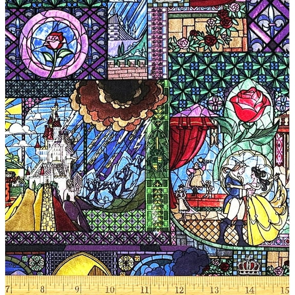 1/2 Yard - Disney Princess Belle Beauty & the Beast Stained Glass Cotton Fabric (Great for Quilting, Sewing, Craft Projects, Throw Pillows & More) 1/2 Yard X 44" Wide