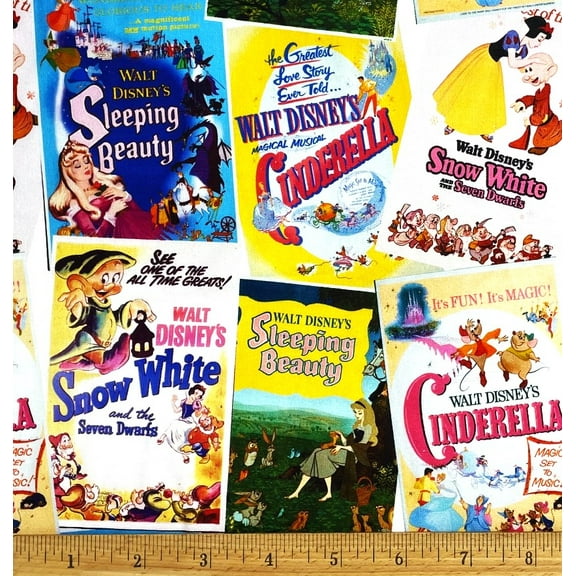 1/2 Yard - Disney Princess Classic Posters Cotton Fabric - Cinderella Snow White Sleeping Beauty (Great for Quilting, Sewing, Craft Projects, Throw Pillows & More) 1/2 Yard X 44" Wide