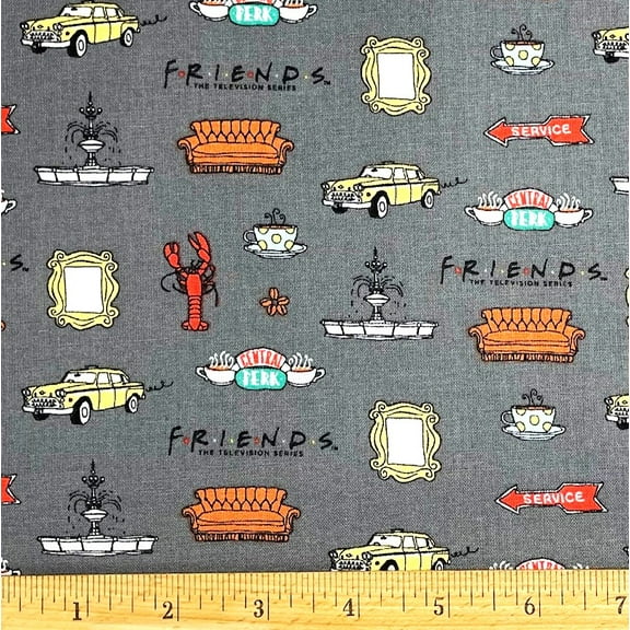 1/2 Yard - Friends Central Perk Coffee Shop on Gray Cotton Fabric (Great for Quilting, Sewing, Craft Projects, Throw Pillows & More) 1/2 Yard X 44" Wide