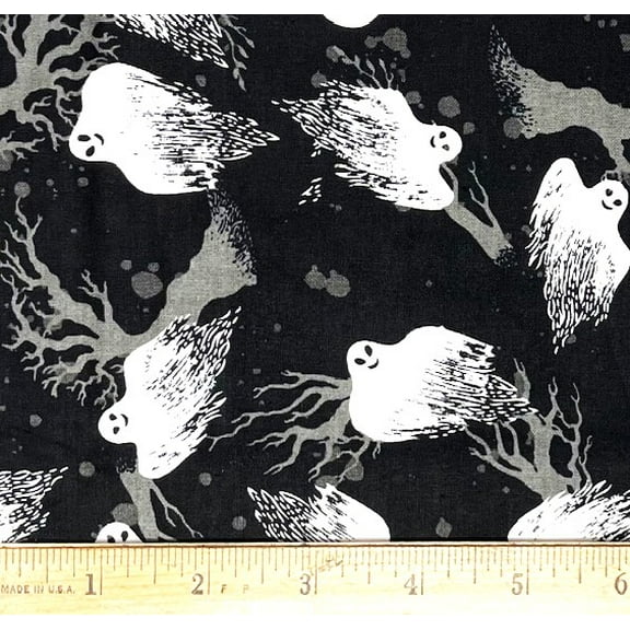 1/2 Yard - Halloween Happy Ghosts on Black Cotton Fabric (Great for Quilting, Sewing, Craft Projects, Throw Pillows & More) 1/2 Yard X 44" Wide