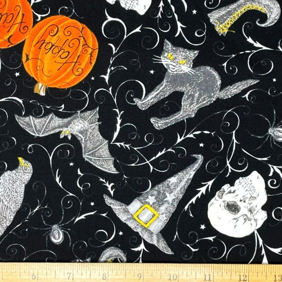 1/2 Yard - Halloween Witch Hats Black Cats Skeletons & Pumpkins on Black Cotton Fabric (Great for Quilting, Sewing, Craft Projects, Throw Pillows & More) 1/2 Yard X 44" Wide
