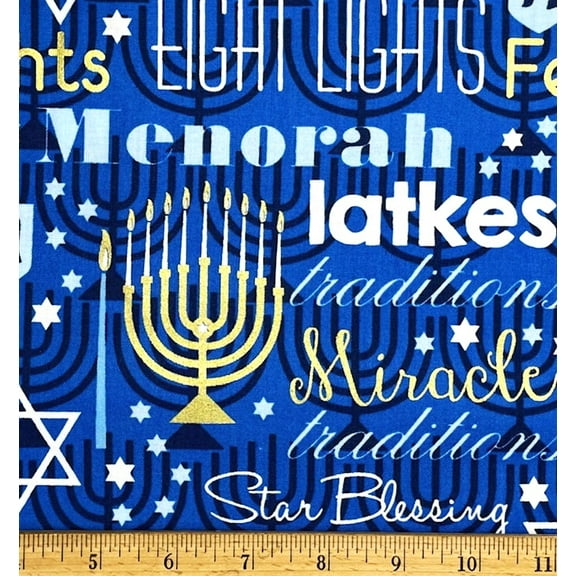 1/2 Yard - Hanukkah Jewish Festival of Lights Menorah on Blue Cotton Fabric (Great for Quilting, Sewing, Craft Projects, Throw Pillows & More) 1/2 Yard X 44" Wide