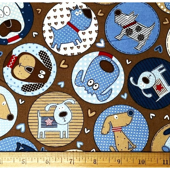 1/2 Yard - Happy Dogs & Puppies on Brown Cotton Fabric (Great for Quilting, Sewing, Craft Projects, Throw Pillows & More) 1/2 Yard X 44" Wide