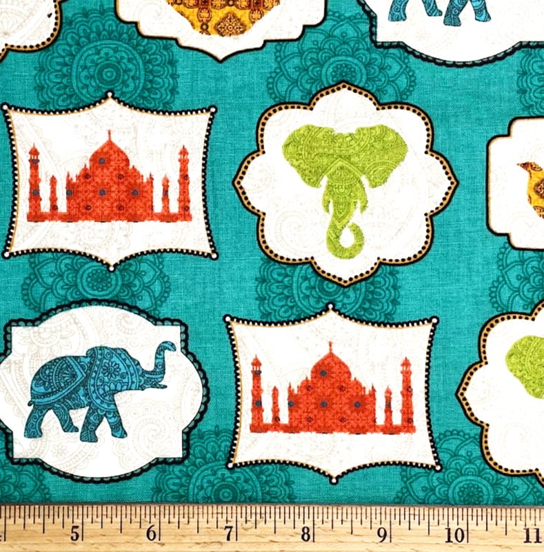 1/2 Yard - India Indian Elephant Teapot on Teal Blue Cotton Fabric (Great for Quilting, Sewing, Craft Projects, Throw Pillows & More) 1/2 Yard X 44" Wide