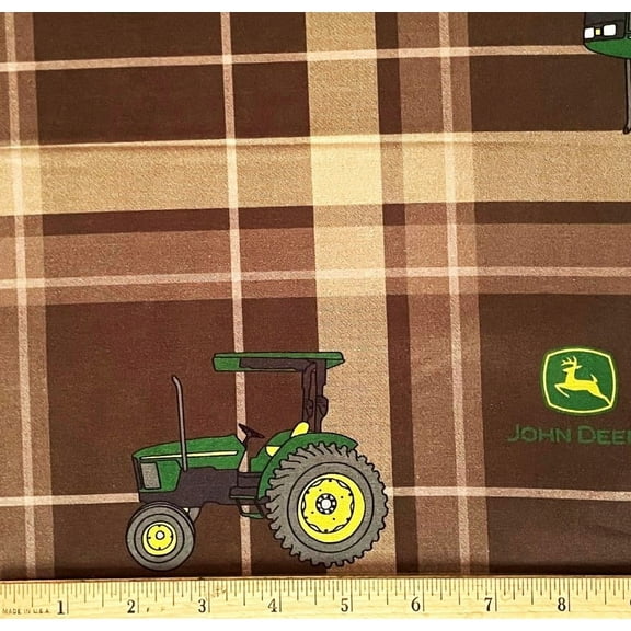1/2 Yard - John Deere Farm Tractor on Brown Plaid Cotton Fabric (Great for Quilting, Sewing, Craft Projects, Throw Pillows & More) 1/2 Yard X 44" Wide