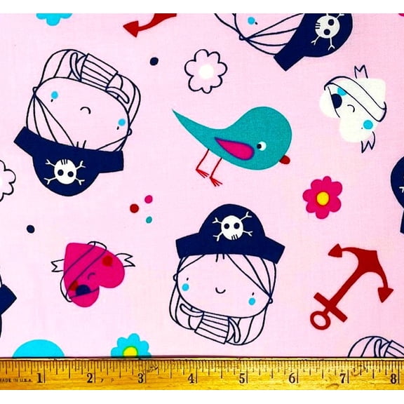 1/2 Yard - Kids Pirates Parrots & Boat Anchors Boating on Pink Cotton Fabric (Great for Quilting, Sewing, Craft Projects, Throw Pillows & More) 1/2 Yard X 44" Wide