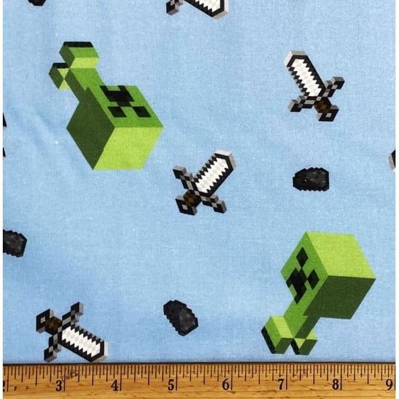 1/2 Yard - Minecraft Video Game Creepers & Swords on Blue Cotton Fabric (Great for Quilting, Sewing, Craft Projects, Quilts, Throw Pillows & More) 1/2 Yard X 44" Wide