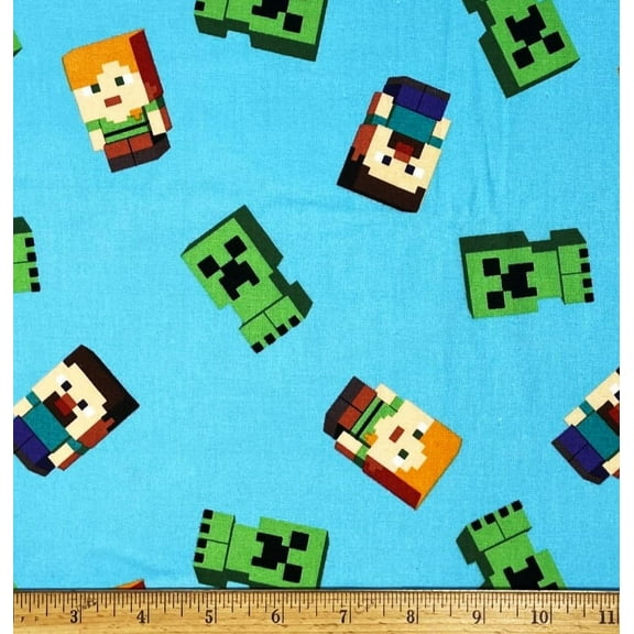 1/2 Yard - Minecraft Video Game Steve Alex & Creepers on Blue Cotton Fabric (Great for Quilting, Sewing, Craft Projects, Quilts, Throw Pillows & More) 1/2 Yard X 44" Wide