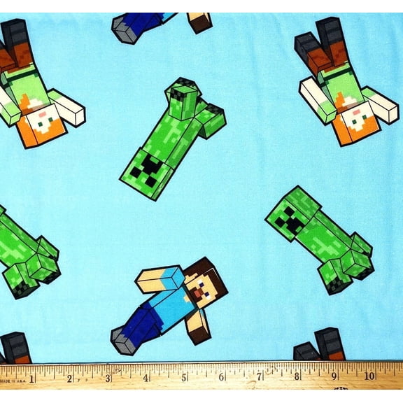 1/2 Yard - Minecraft Video Game Steve Alex & Creepers on Blue Cotton Fabric (Great for Quilting, Sewing, Craft Projects, Quilts, Throw Pillows & More) 1/2 Yard X 44" Wide