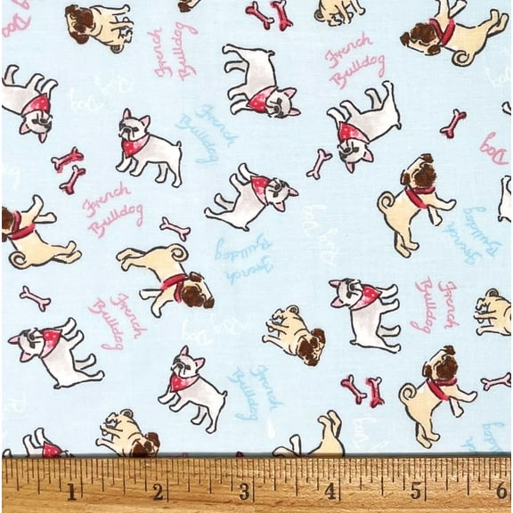 1/2 Yard - Mini French Bulldog Pug Dogs on Blue Cotton Fabric (Great for Quilting, Sewing, Craft Projects, Throw Pillows & More) 1/2 Yard X 44" Wide