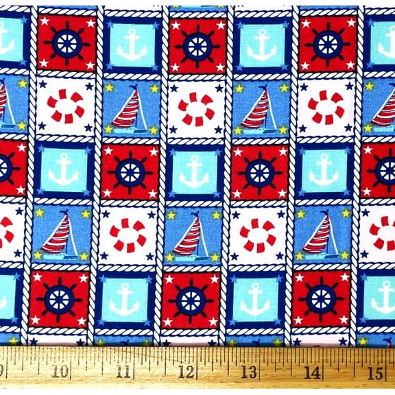 1/2 Yard - Nautical Ships Wheels Sailboat Anchor Postage Stamp Block Cotton Fabric (Great for Quilting, Sewing, Craft Projects, Throw Pillows & More) 1/2 Yard X 44" Wide