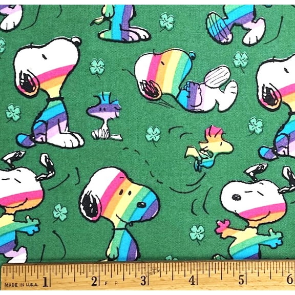 1/2 Yard - Peanuts Snoopy Woodstock Rainbows & Shamrocks on Green Cotton Fabric (Great for Quilting, Sewing, Craft Projects, Throw Pillows & More) 1/2 Yard X 44" Wide