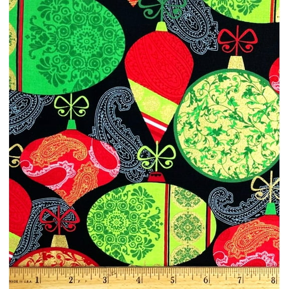 1/2 Yard - Retro Christmas Tree Ornaments on Black Cotton Fabric (Great for Quilting, Sewing, Craft Projects, Throw Pillows & More) 1/2 Yard X 44" Wide