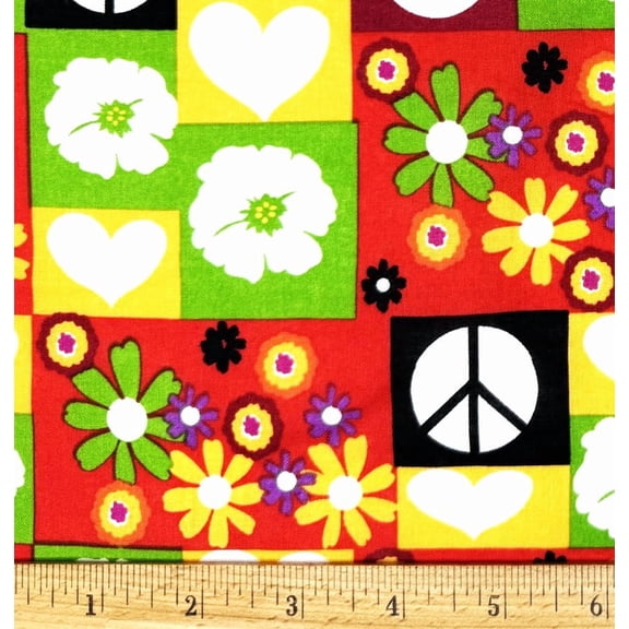 1/2 Yard - Retro Peace Hearts & Flowers Block Cotton Fabric (Great for Quilting, Sewing, Craft Projects, Throw Pillows & More) 1/2 Yard X 44" Wide