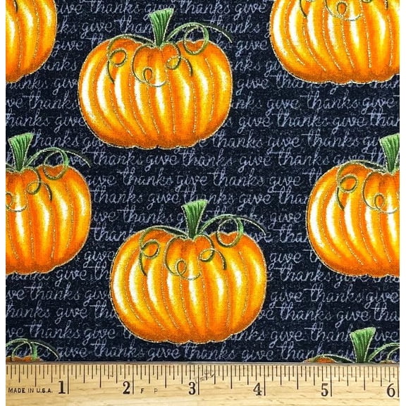 1/2 Yard - Thanksgiving Pumpkins & Give Thanks Gold Glitter on Black Cotton Fabric (Great for Quilting, Sewing, Craft Projects, Throw Pillows & More) 1/2 Yard X 44" Wide