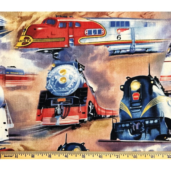 1/2 Yard - Train Engines Railroad Scenic Cotton Fabric (Great for Quilting, Sewing, Craft Projects, Throw Pillows & More) 1/2 Yard X 44" Wide
